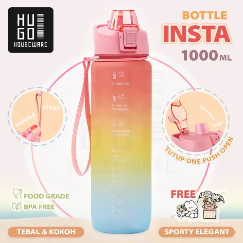 Botol Minum Motivasi Tutup Flip 1 Liter Rainbow Gratis Stiker HUGO