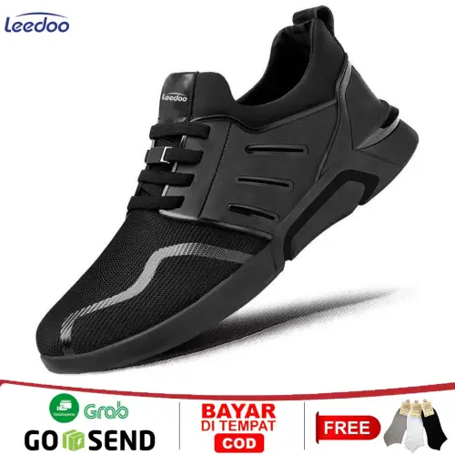 Leedoo Sepatu Pria Sneakers Running Fashion Casual Shoes Kerja Pria Hitam Polos F15-A