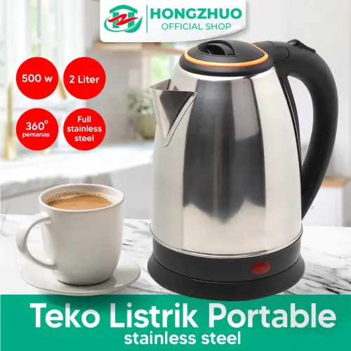 Hongzhuo Teko Listrik 2 Liter Full Stainless Steel Pemanas Air Electric Kettle Ketel Besar Otomatis 500 Watt