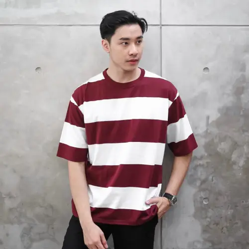 Kaos Oversize Salur Stripe Pria Katun Combed 24s Maroon White