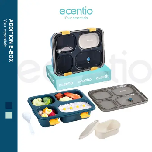 ecentio kotak makan anti tumpah tempat makan lunch box set 1300ml 3/4 Grid Kotak Makan Dengan Dengan Kotak Sup Dan Sendok Gratis Anti Tumpah Berbahan