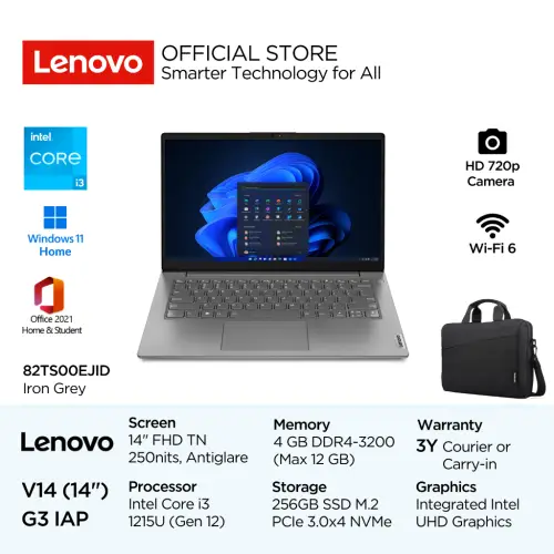 Lenovo V14 G3 IAP EJID Intel Core i3 1215U Win11 Home 4GB Soldered 256GB SSD 14\" FHD TN 250nits 45% NTSC Antiglare Integrated UHD F720p Camera OHS MilSpec WiFi6 Laptop Bisnis 14inch 82TS00EJID Iron Grey 3Y Windows Office
