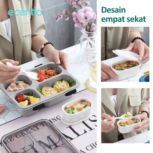 ecentio kotak makan anti tumpah tempat makan lunch box set 1300ml 3/4 Grid Kotak Makan Dengan Dengan Kotak Sup Dan Sendok Gratis Anti Tumpah Berbahan