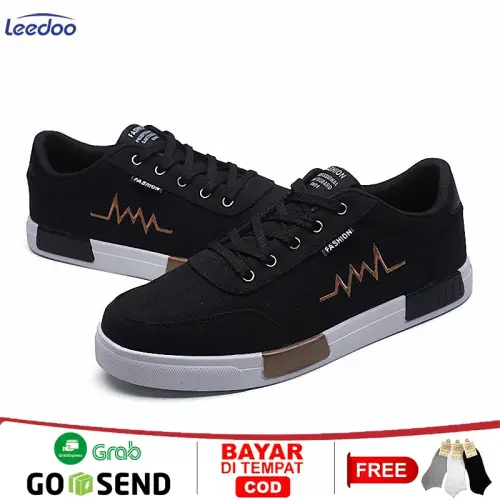 Leedoo Sepatu Sneakers Tali Pria Casual Krem Sekolah Kerja Sport Shoes Kekinian Muda Black MC302