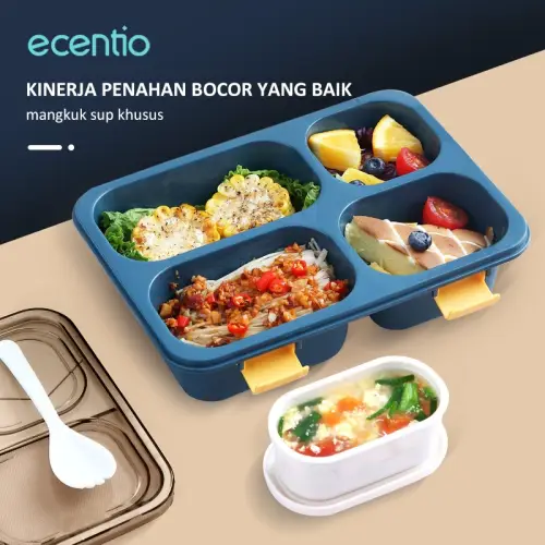 ecentio kotak makan anti tumpah tempat makan lunch box set 1300ml 3/4 Grid Kotak Makan Dengan Dengan Kotak Sup Dan Sendok Gratis Anti Tumpah Berbahan