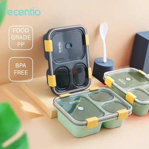 ecentio kotak makan anti tumpah tempat makan lunch box set 1300ml 3/4 Grid Kotak Makan Dengan Dengan Kotak Sup Dan Sendok Gratis Anti Tumpah Berbahan