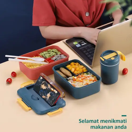 Lunch Box Set 1000ml+300ml Tas Bekal Kotak Makan Set Mangkok Sup Free Sendok