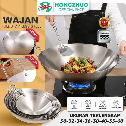 Hongzhuo Wajan Stainless 555 Tebal Kuali Premium dengan Pegangan Stainless Steel Kuali Besar Katel Anti Lengket