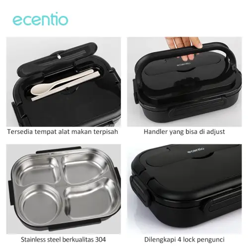 ecentio lunch box 1000ml stainless 304 sekat 4 dan anti tumpah free sendok sumpit