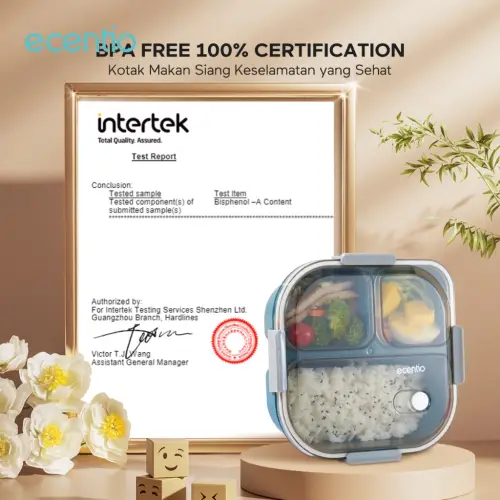 ecentio kotak bekal 3 grid 1100ml tempat bekal lunch box anti tumpah dan kotak sup 140ml Biru Wadah saus kecil Free Sendok