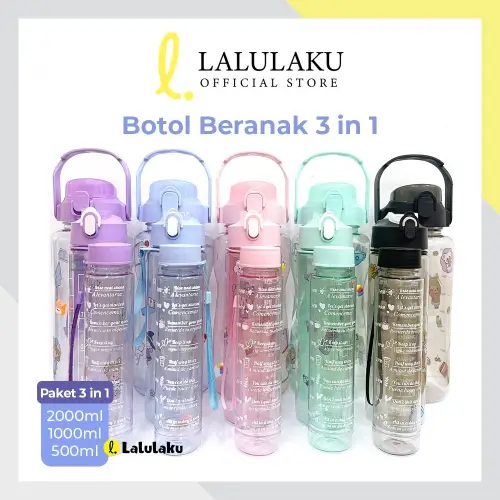Botol Minum Transparan Viral Botol Motivasi Beranak 3in1 Korea 2 Liter + 1000ml + 500ml Set