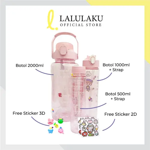 Botol Minum Transparan Viral Botol Motivasi Beranak 3in1 Korea 2 Liter + 1000ml + 500ml Set