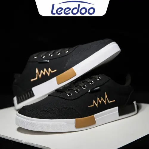 Leedoo Sepatu Sneakers Tali Pria Casual Krem Sekolah Kerja Sport Shoes Kekinian Muda Black MC302