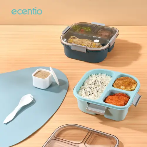ecentio kotak bekal anti tumpah 3 grid 1100ml Kotak makan wadah bekal anti tumpah kotak sup 100ml Free Sendok