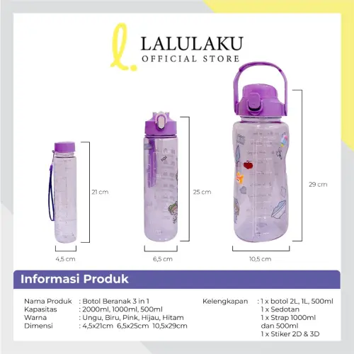 Botol Minum Transparan Viral Botol Motivasi Beranak 3in1 Korea 2 Liter + 1000ml + 500ml Set