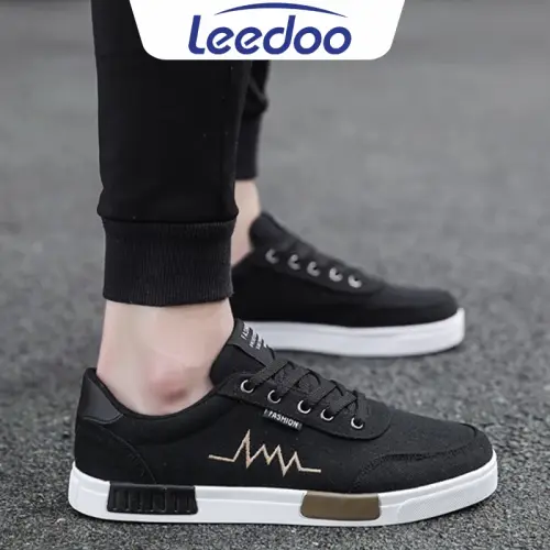 Leedoo Sepatu Sneakers Tali Pria Casual Krem Sekolah Kerja Sport Shoes Kekinian Muda Black MC302