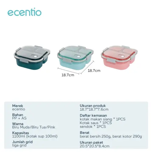 ecentio kotak bekal 3 grid 1100ml tempat bekal lunch box anti tumpah dan kotak sup 140ml Biru Wadah saus kecil Free Sendok