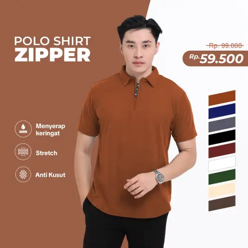 Kaos Polo Shirt Pria Kaos Kerah Lengan pendek Original Zipper Size M - XXL Light Brown