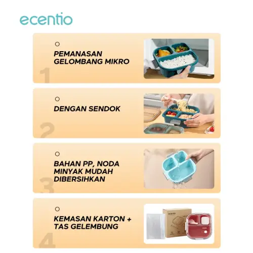 ecentio kotak bekal anti tumpah 3 grid 1100ml Kotak makan wadah bekal anti tumpah kotak sup 100ml Free Sendok