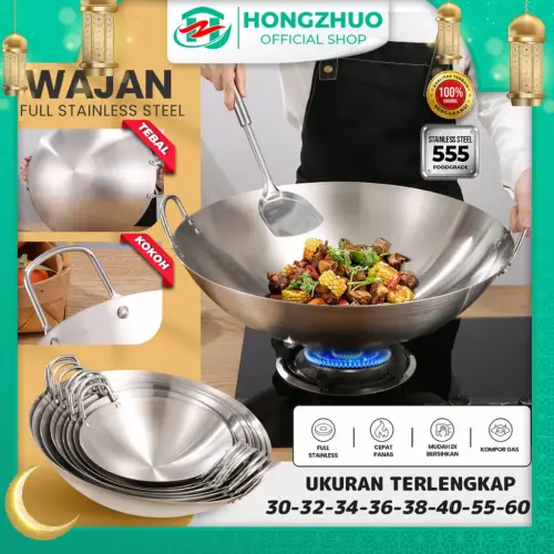 Hongzhuo Wajan Stainless 555 Tebal Kuali Premium dengan Pegangan Stainless Steel Kuali Besar Katel Anti Lengket
