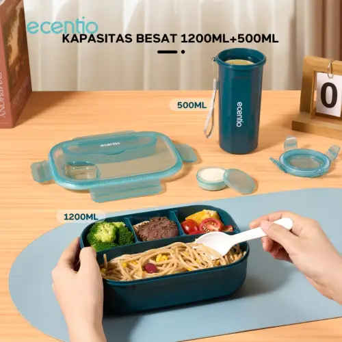 ecentio 1100ml lunch box set 4 Grid tempat bekal makan dan tempat minum anak kotak makan anti tumpah free sendok