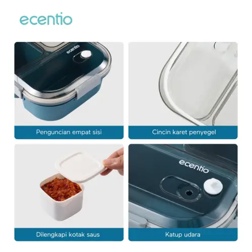 ecentio kotak bekal anti tumpah 3 grid 1100ml Kotak makan wadah bekal anti tumpah kotak sup 100ml Free Sendok
