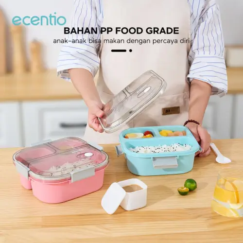 ecentio kotak bekal 3 grid 1100ml tempat bekal lunch box anti tumpah dan kotak sup 140ml Biru Wadah saus kecil Free Sendok
