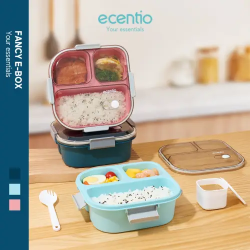 ecentio kotak bekal 3 grid 1100ml tempat bekal lunch box anti tumpah dan kotak sup 140ml Biru Wadah saus kecil Free Sendok