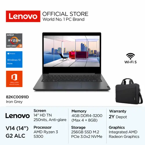 Lenovo V14 G2 ALC 91ID Ryzen 3 5300U Win10 Home 4GB 256GB SSD 14" HD TN 45% NTSC Antiglare Integrated AMD Radeon OHS Laptop