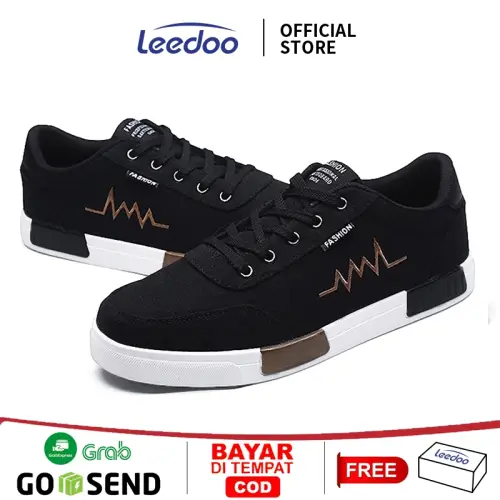 Leedoo Sepatu Sneakers Tali Pria Casual Krem Sekolah Kerja Sport Shoes Kekinian Muda Black MC302