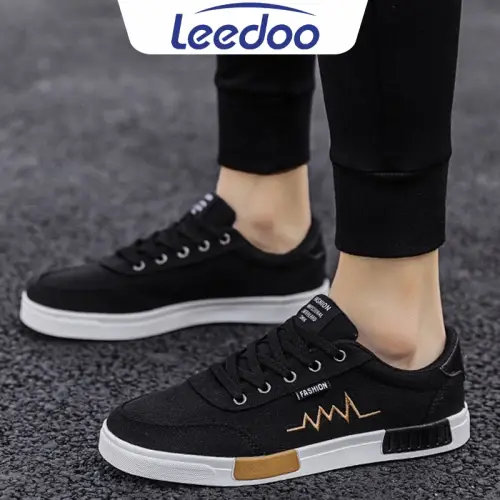 Leedoo Sepatu Sneakers Tali Pria Casual Krem Sekolah Kerja Sport Shoes Kekinian Muda Black MC302