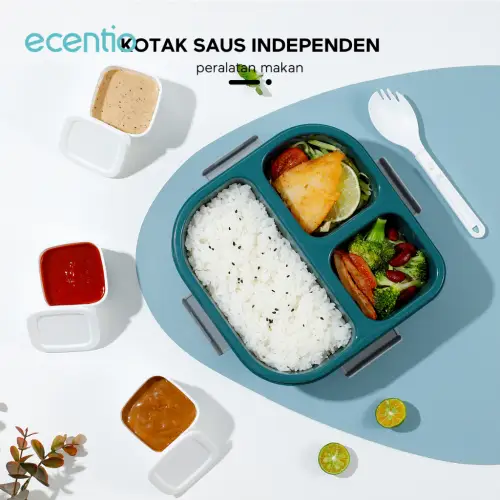 ecentio lunch box anti tumpah 3 sekat dengan kotak sup botol minum