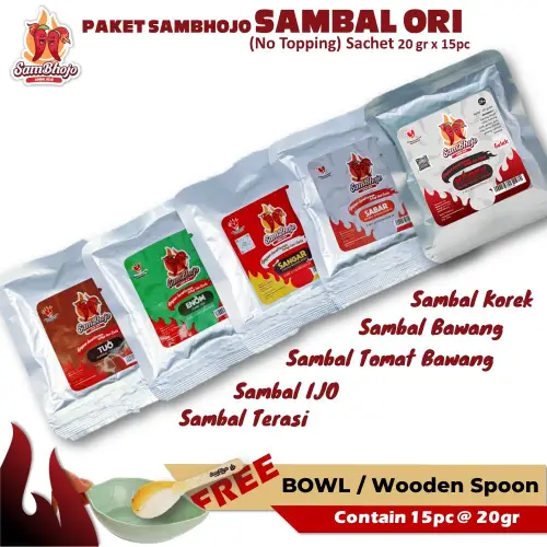 Paket Sambal Bawang, Sambal Terasi, Sambal ijo, Sambal Korek 15 Sachet Gratis mangkok/Sendok