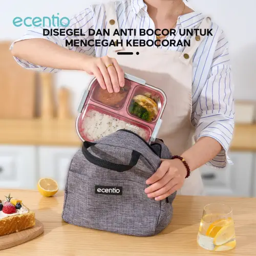 ecentio kotak bekal 3 grid 1100ml tempat bekal lunch box anti tumpah dan kotak sup 140ml Biru Wadah saus kecil Free Sendok