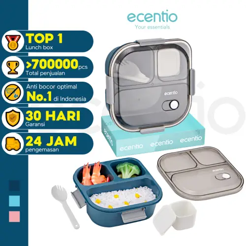ecentio kotak bekal anti tumpah 3 grid 1100ml Kotak makan wadah bekal anti tumpah kotak sup 100ml Free Sendok