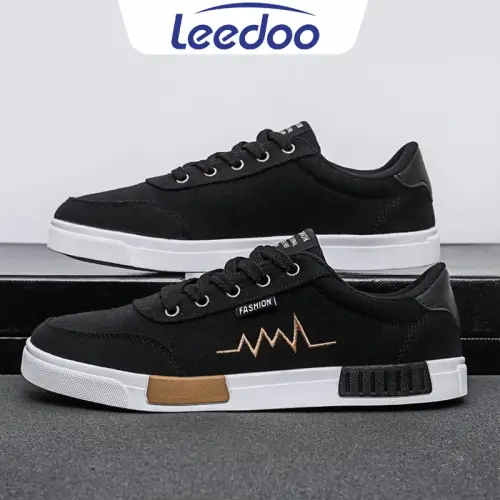 Leedoo Sepatu Sneakers Tali Pria Casual Krem Sekolah Kerja Sport Shoes Kekinian Muda Black MC302
