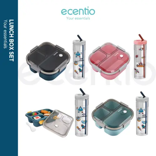 ecentio lunch box anti tumpah 3 sekat dengan kotak sup botol minum