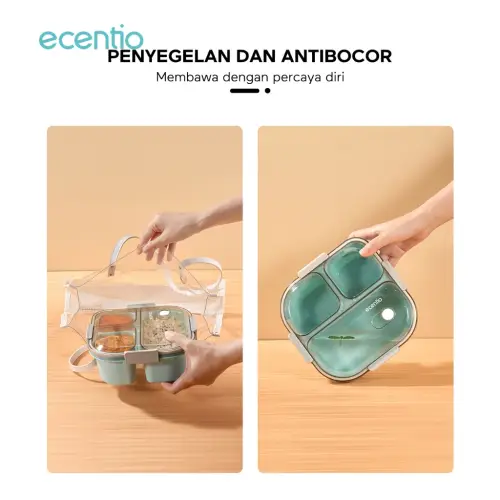 ecentio kotak bekal anti tumpah 3 grid 1100ml Kotak makan wadah bekal anti tumpah kotak sup 100ml Free Sendok