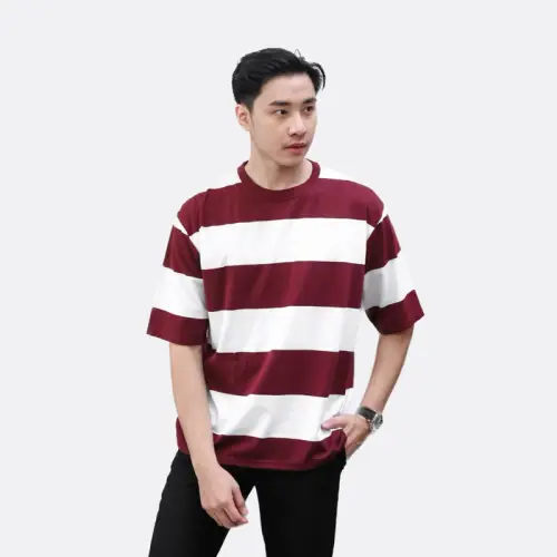 Kaos Oversize Salur Stripe Pria Katun Combed 24s Maroon White