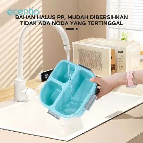 ecentio kotak bekal 3 grid 1100ml tempat bekal lunch box anti tumpah dan kotak sup 140ml Biru Wadah saus kecil Free Sendok