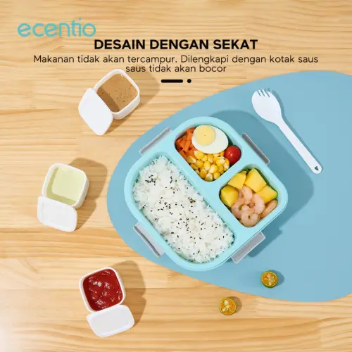 ecentio kotak bekal 3 grid 1100ml tempat bekal lunch box anti tumpah dan kotak sup 140ml Biru Wadah saus kecil Free Sendok