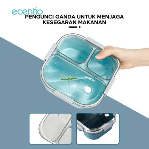 ecentio kotak bekal anti tumpah 3 grid 1100ml Kotak makan wadah bekal anti tumpah kotak sup 100ml Free Sendok