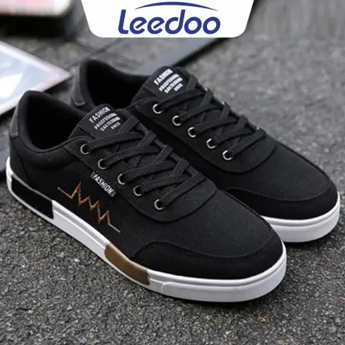Leedoo Sepatu Sneakers Tali Pria Casual Krem Sekolah Kerja Sport Shoes Kekinian Muda Black MC302