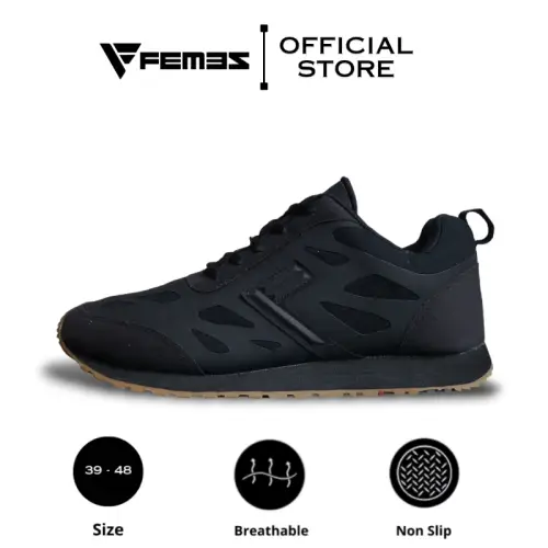 Femez Lite Berlin Sepatu Sneakers Pria / 39-48 Full Black Hitam Polos Bigsize Sport Casual Joging