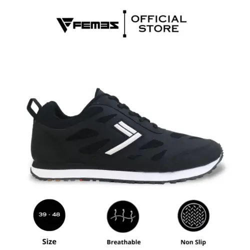 Femez Lite Berlin Sepatu Sneakers Pria / 39-48 Full Black Hitam Polos Bigsize Sport Casual Joging