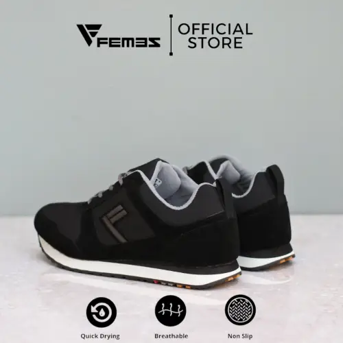 Femez Lite Como Sepatu Sneakers Pria / 39-48 Full Hitam Black Hitam Polos Bigsize Sport Casual
