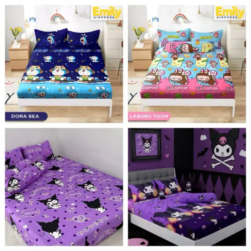 sprei motif kuromi cinamorol labubu dan ready ukuran 90x200 sampai 200x200 tinggi 20cm
