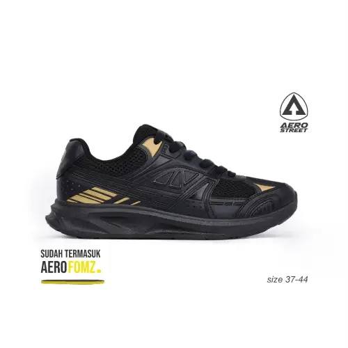 Aerostreet Riven Sneakers Unisex Hitam/Hitam/Emas Tua Sepatu Pria Wanita Casual Sporty Ringan Empuk Tidak Licin