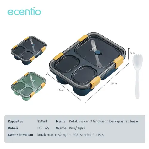 ecentio kotak makan anti tumpah tempat makan lunch box set 1300ml 3/4 Grid Kotak Makan Dengan Dengan Kotak Sup Dan Sendok Gratis Anti Tumpah Berbahan