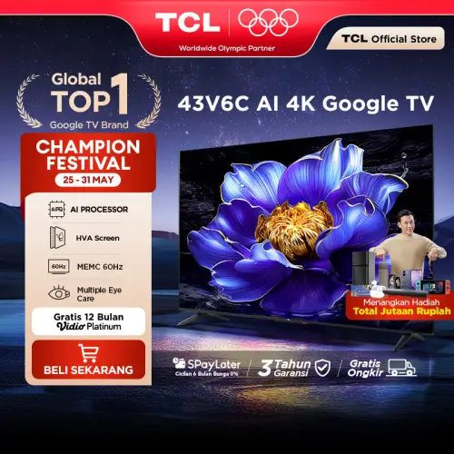TCL AI 4K Google TV 43 inch V6C - MEMC - HDR 10 - HVA Panel - Dolby Audio